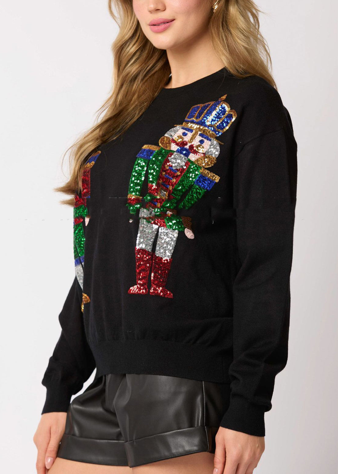 Black O Neck Soldiers Sequins Cotton Sweatshirts Top Winter