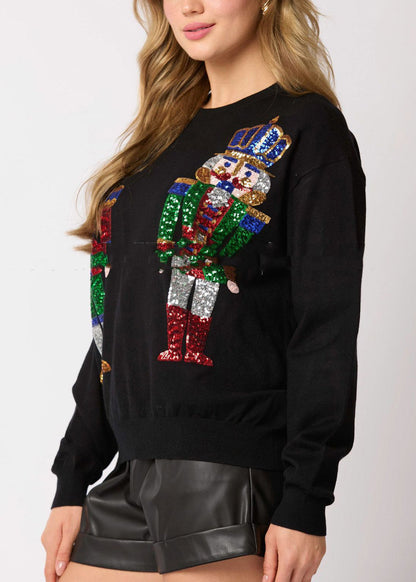 Black O Neck Soldiers Sequins Cotton Sweatshirts Top Winter