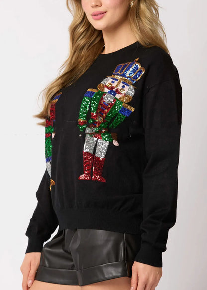 Black O Neck Soldiers Sequins Cotton Sweatshirts Top Winter