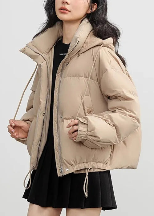Khaki Button Pockets Drawstring Duck Down Puffer Coat
