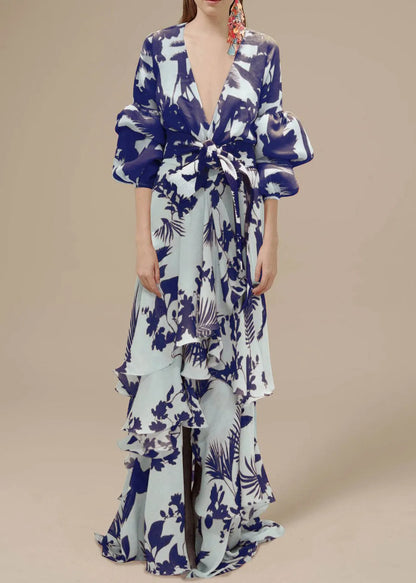 Orange V Neck Asymmetrical Designprint Chiffon Dress Spring