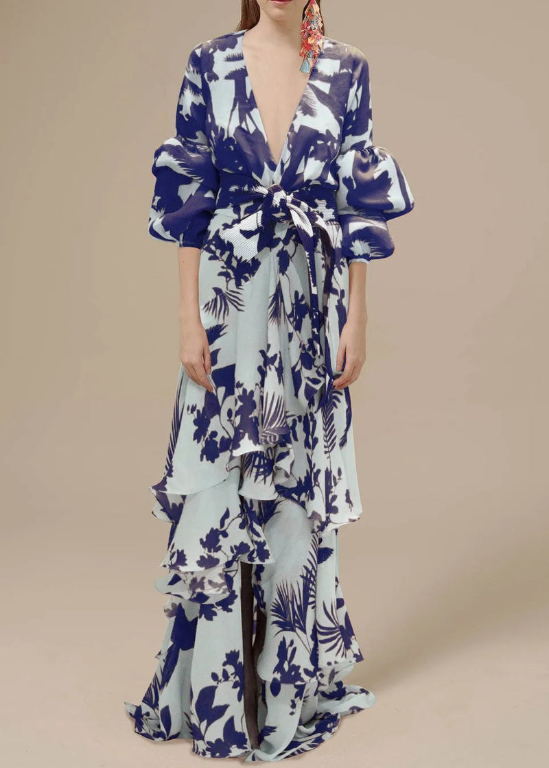 Orange V Neck Asymmetrical Designprint Chiffon Dress Spring