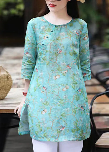Green O Neck Print Linen Shirt Top Bracelet Sleeve