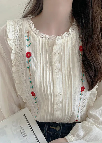 Art Beige Embroidered Ruffled Lace Blouses Fall