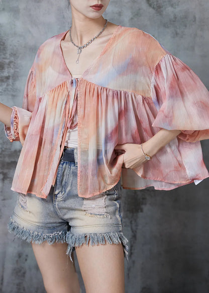 Gradient Color Oversized Lace Up Chiffon Blouses Fall