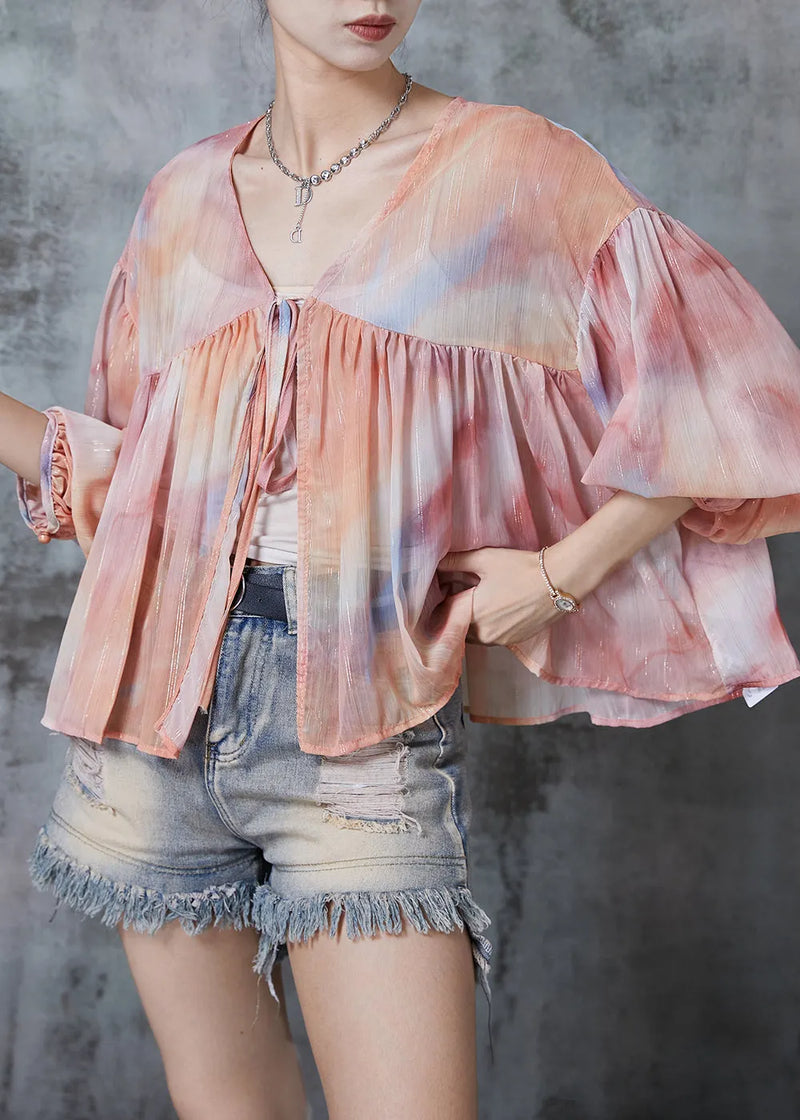 Gradient Color Oversized Lace Up Chiffon Blouses Fall