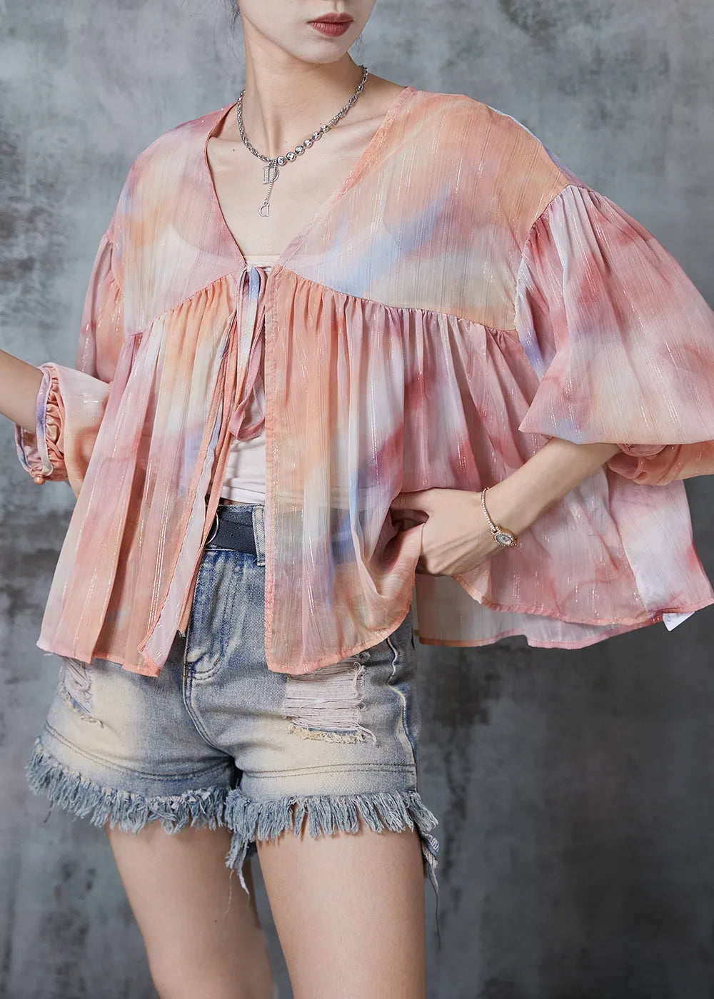 Gradient Color Oversized Lace Up Chiffon Blouses Fall