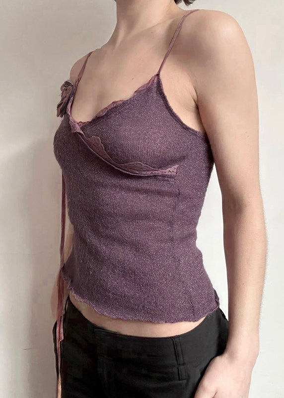 Slim Fit Purple Lace Knitting Cotton Spaghetti Strap Vest Sleeveless