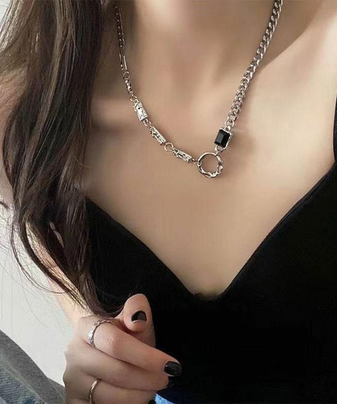 Unique Silk Sterling Silver Obsidian Asymmetrical Patchwork Lariat Necklace