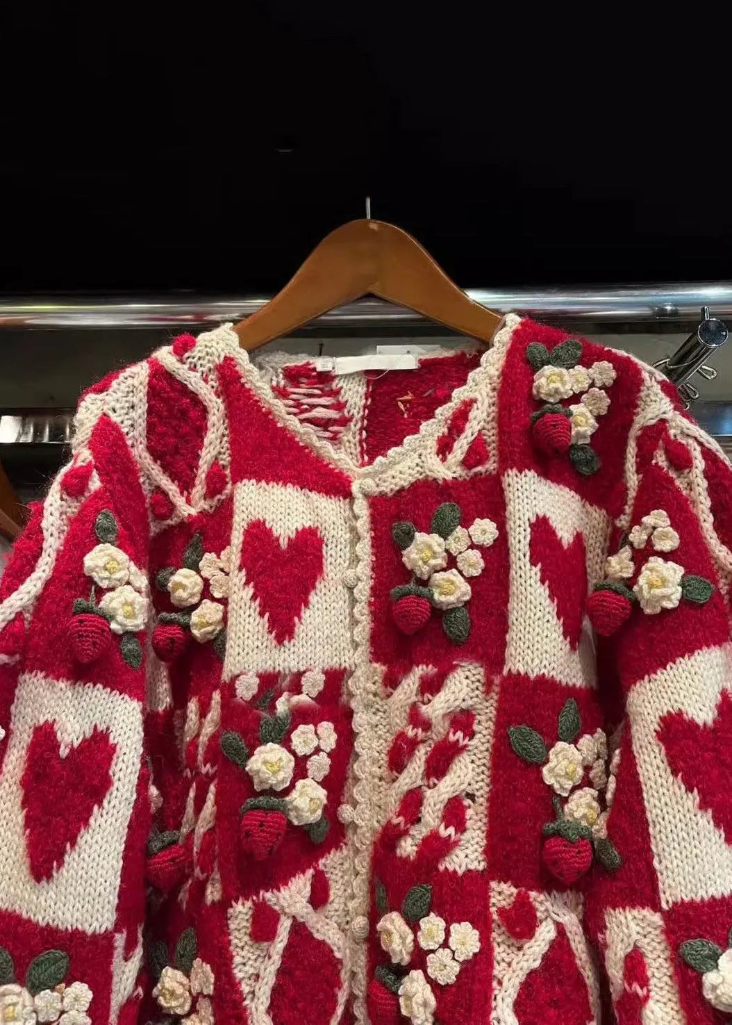 Red O Neck Button Patchwork Knit Cardigan Long Sleeve