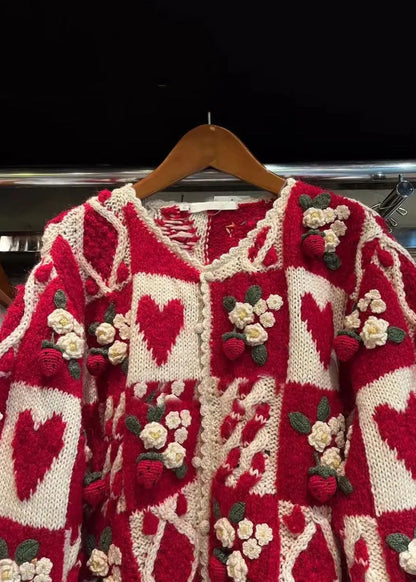 Red O Neck Button Patchwork Knit Cardigan Long Sleeve