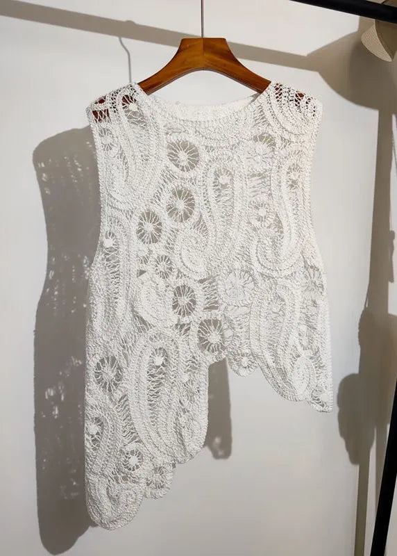 New Apricot Asymmetrical Hollow Out Knit Vest Sleeveless