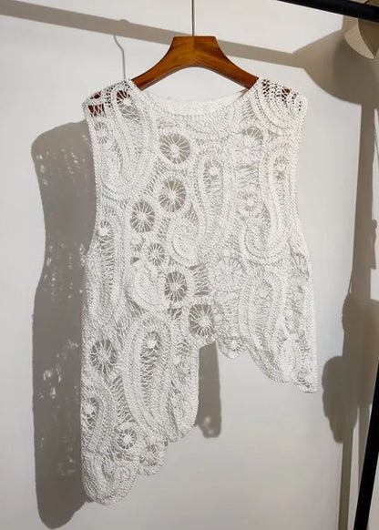 New Apricot Asymmetrical Hollow Out Knit Vest Sleeveless