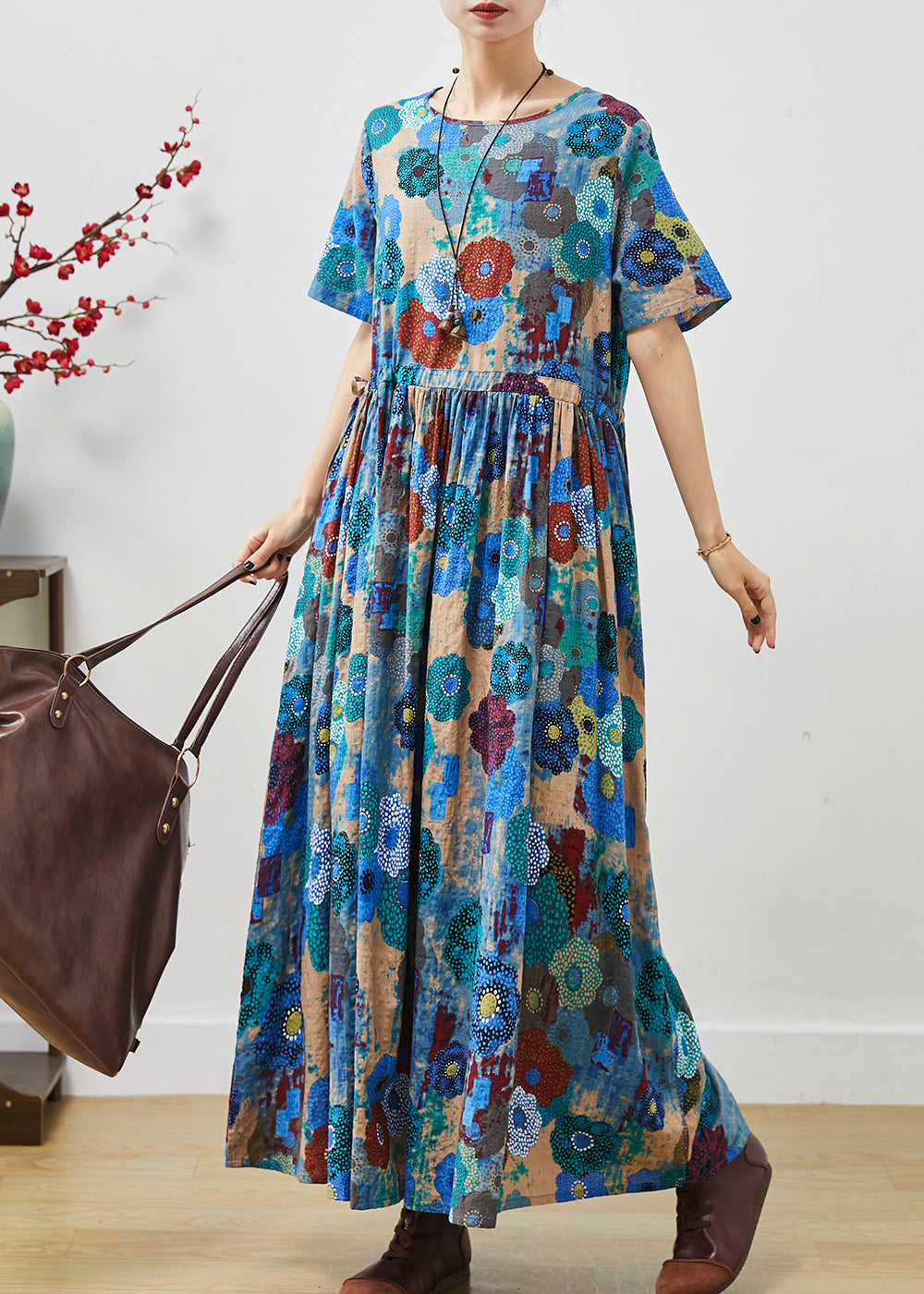 Blue Cinched Exra Large Hem Cotton Dress Summer