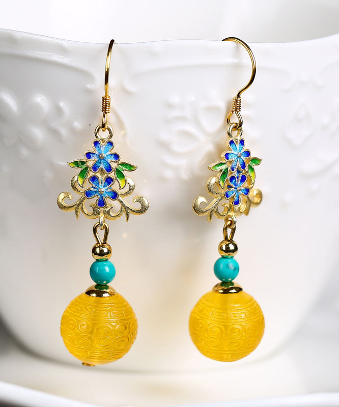 Art Yellow Sterling Silver Inlaid Amber Turquoise Drop Earrings