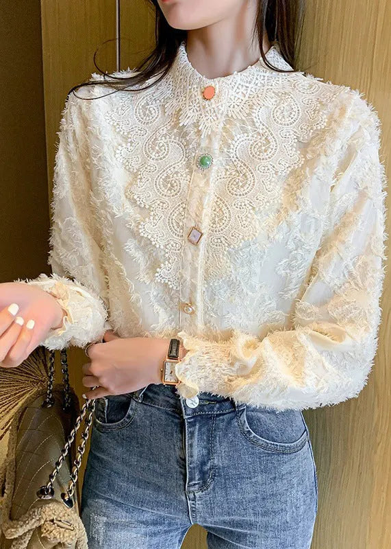 French Apricot Tassel Jacquard Lace Shirt Top Spring