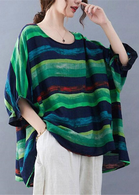 Green Striped Low High Design Top Summer