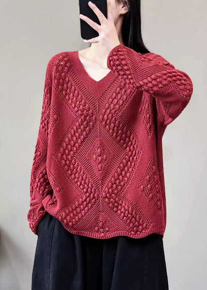 Simple Red V Neck Cotton Knit Sweaters Long Sleeve