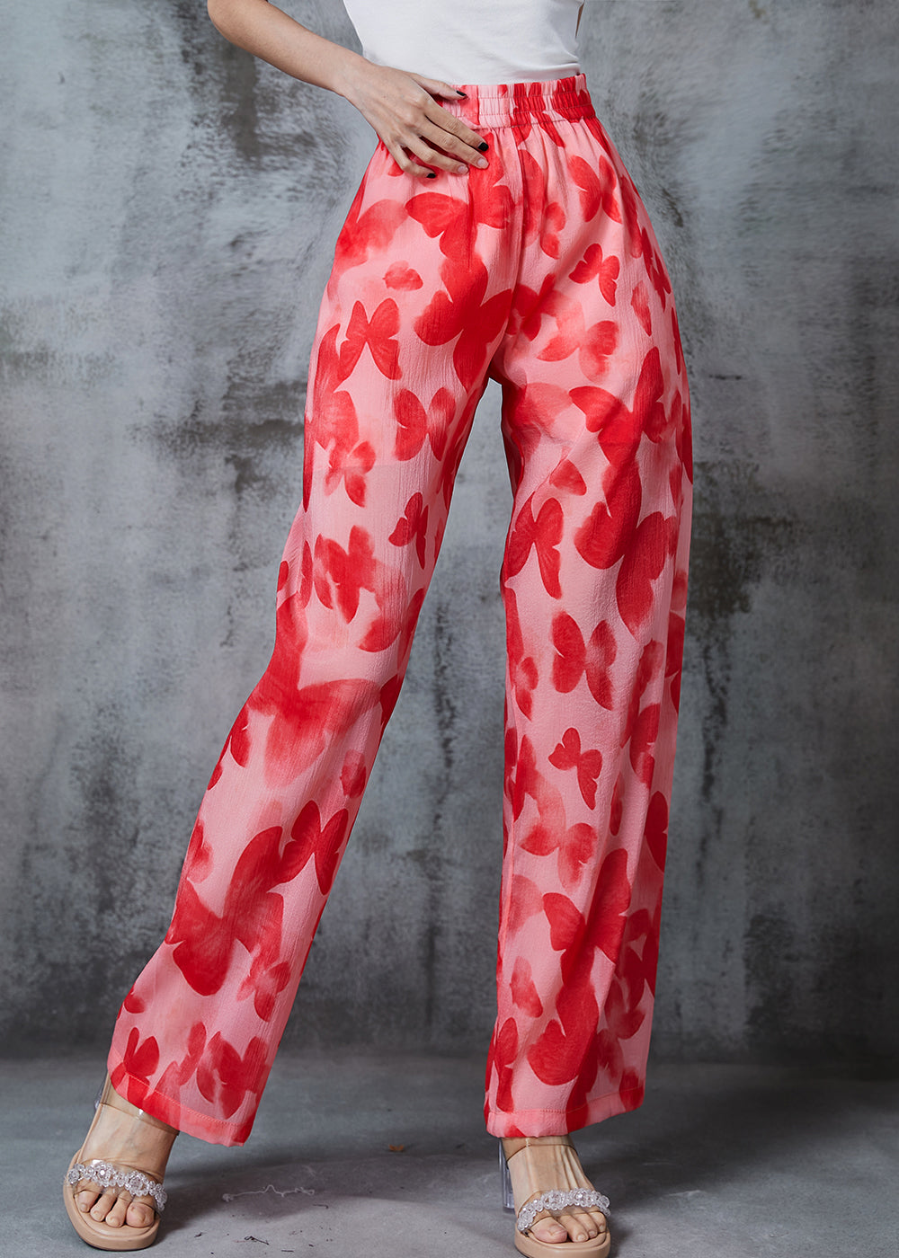 Red Print Silk Straight Pants Summer