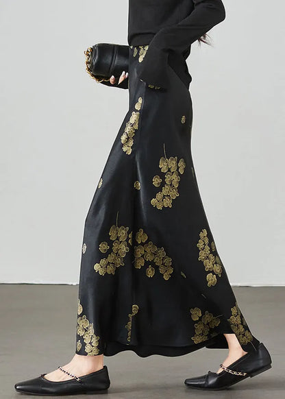 New Black Print High Waist Silk Skirt Summer