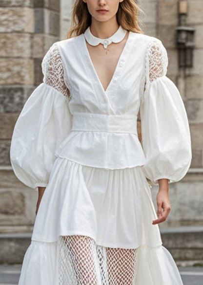 White Hollow Out Patchwork Lace Cotton Vestidos Dress Puff Sleeve