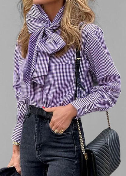 Blue Bow Lace Up Striped Cotton Blouses Summer