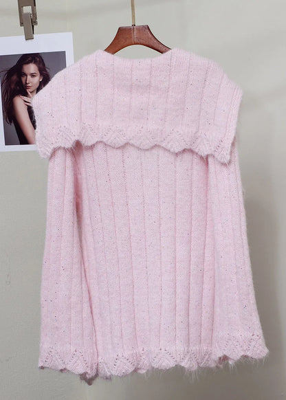 Pink Fox Fur Button Patchwork Knit Sweater
