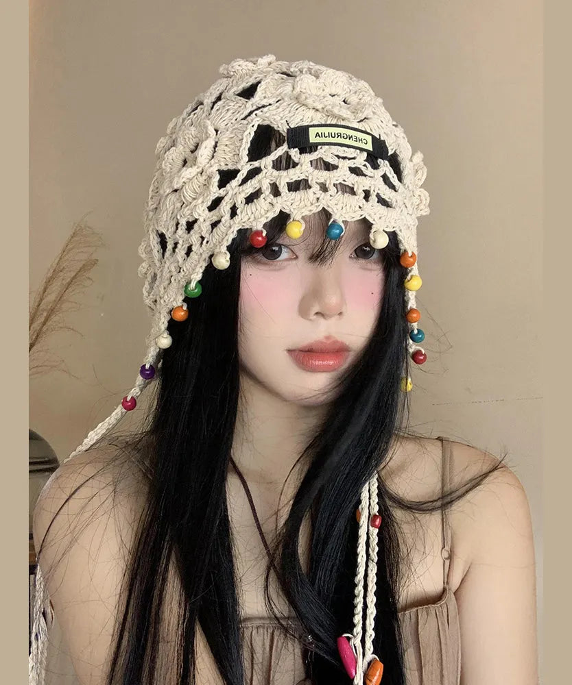 Beige Tassel Hollow Out Knit Boonie Hat