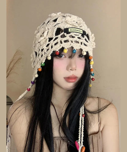 Beige Tassel Hollow Out Knit Boonie Hat