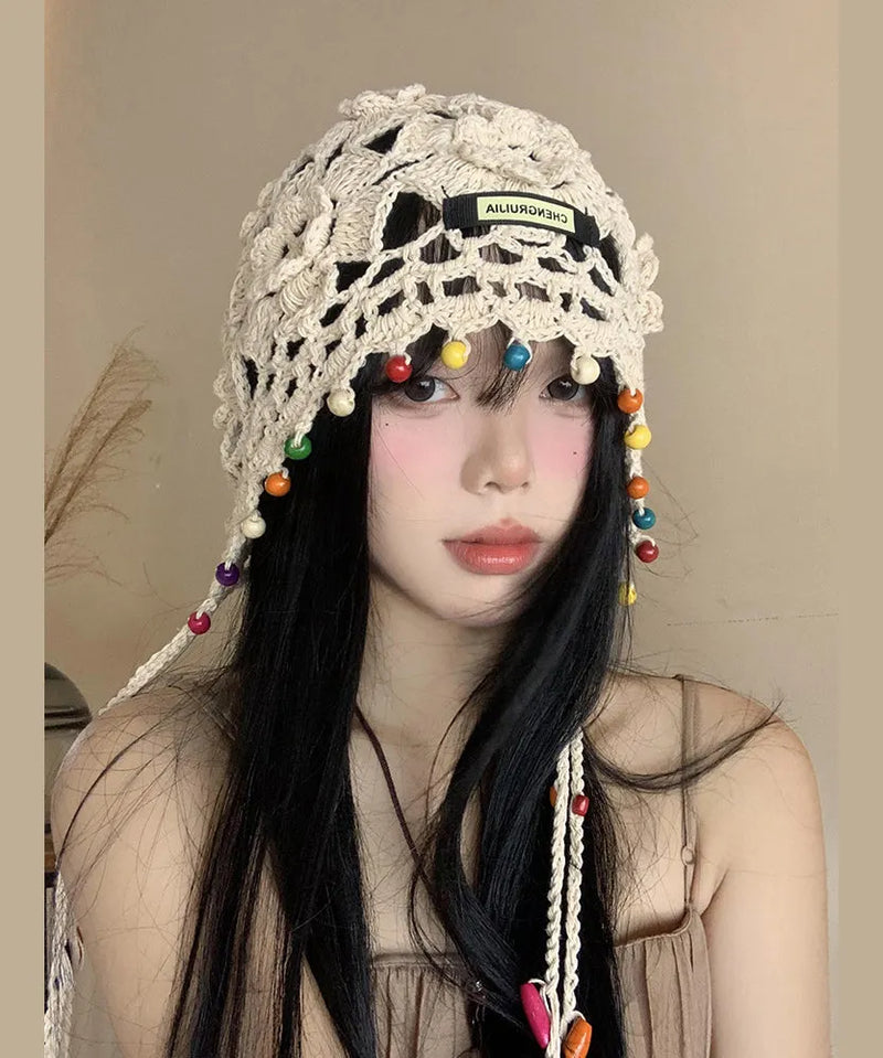 Beige Tassel Hollow Out Knit Boonie Hat