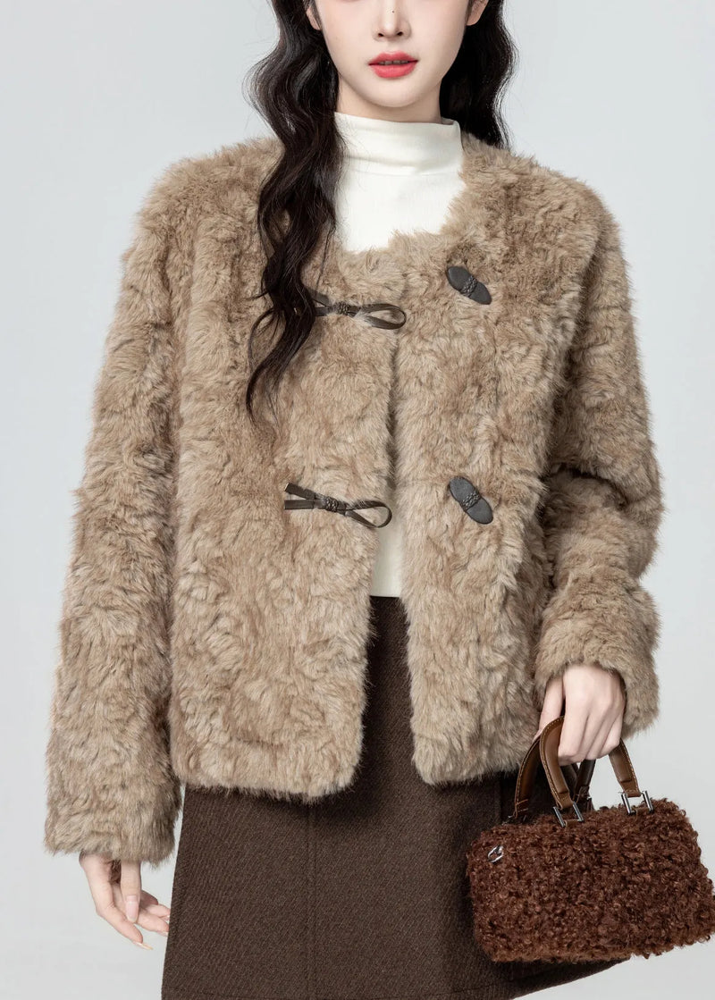 Khaki O Neck Button Teddy Faux Fur Coat Winter