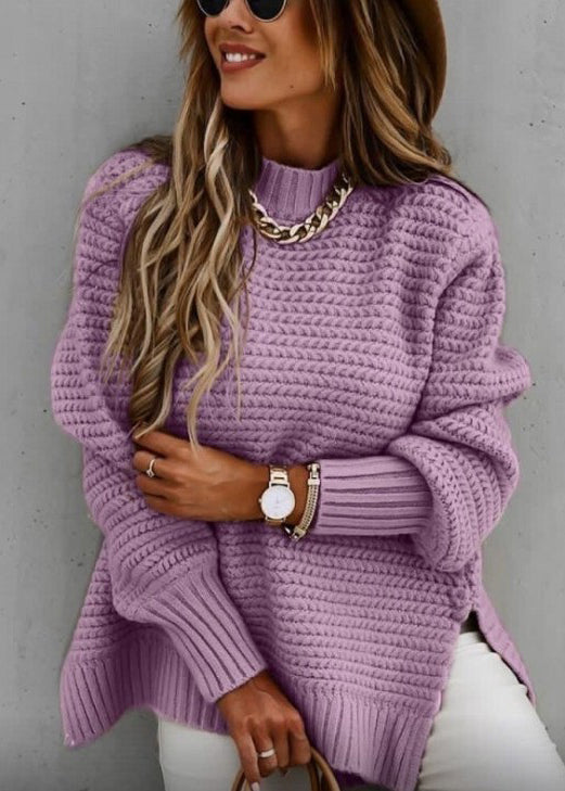 Pink O Neck Side Open Thick Cozy Knit Sweaters Fall