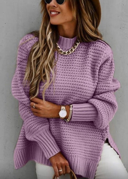 Pink O Neck Side Open Thick Cozy Knit Sweaters Fall