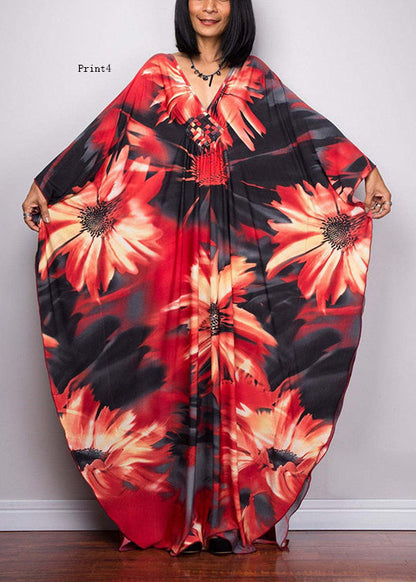 V Neck Print Cotton Long Robe Dress Summer