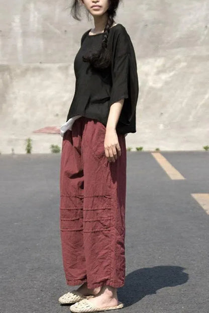 Limited Stock- Distressed Wine Red Loose Pants
