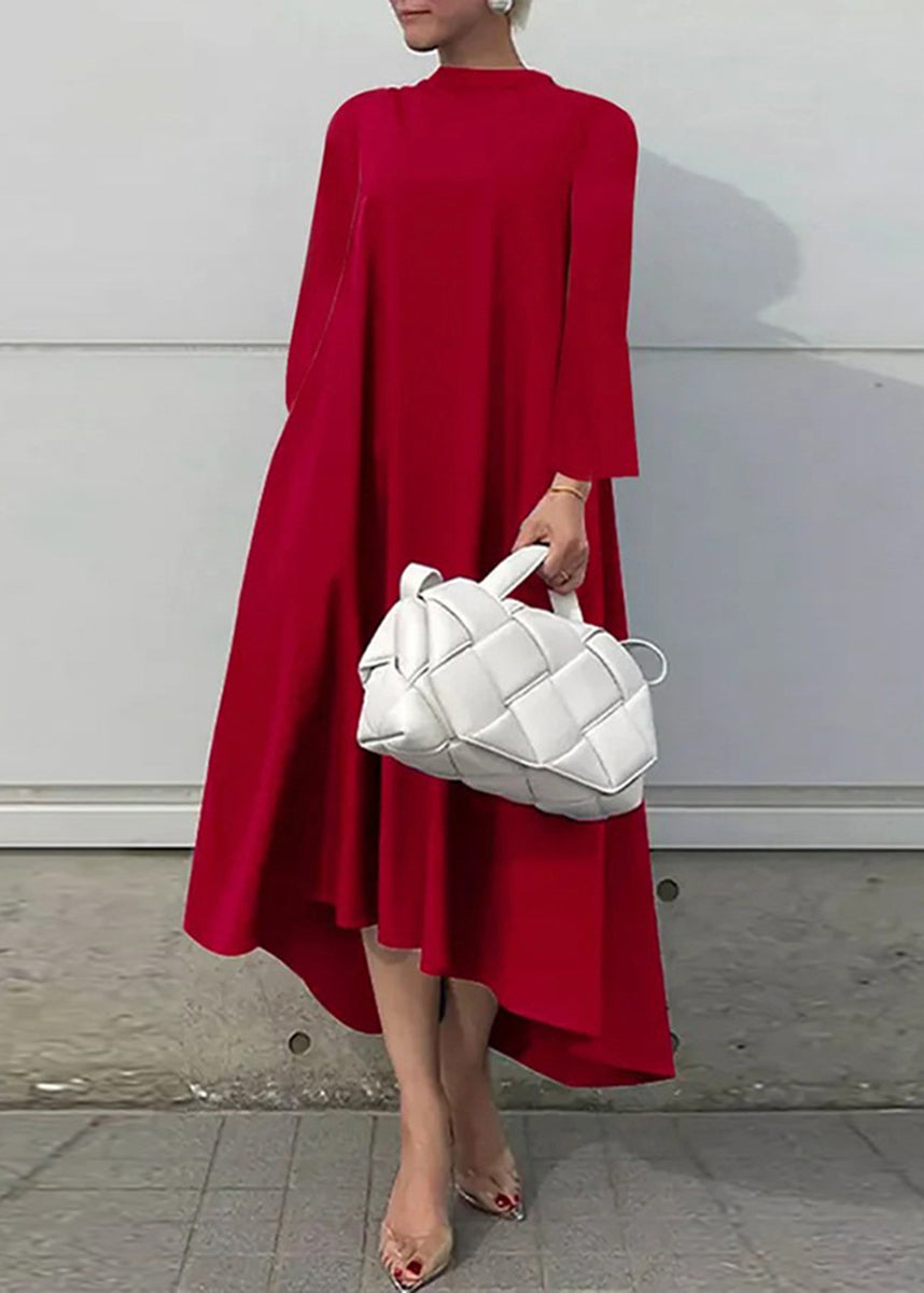 Red Hign Neck Low High Design Cotton Dress Fall