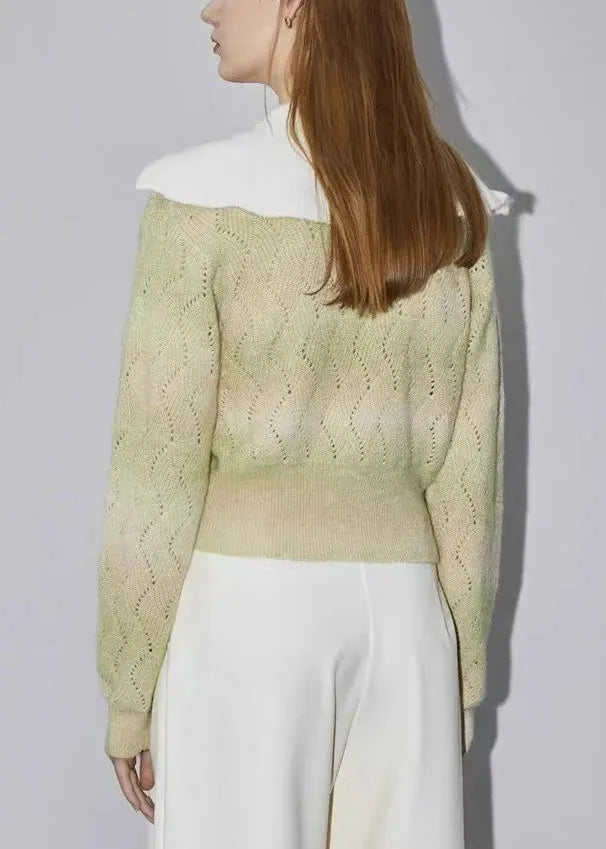 Green Zip Up Hollow Out Wool Knit Sweater Winter