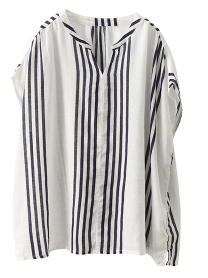 Summer Artsy Stripe V-neck Thin Linen Shirt