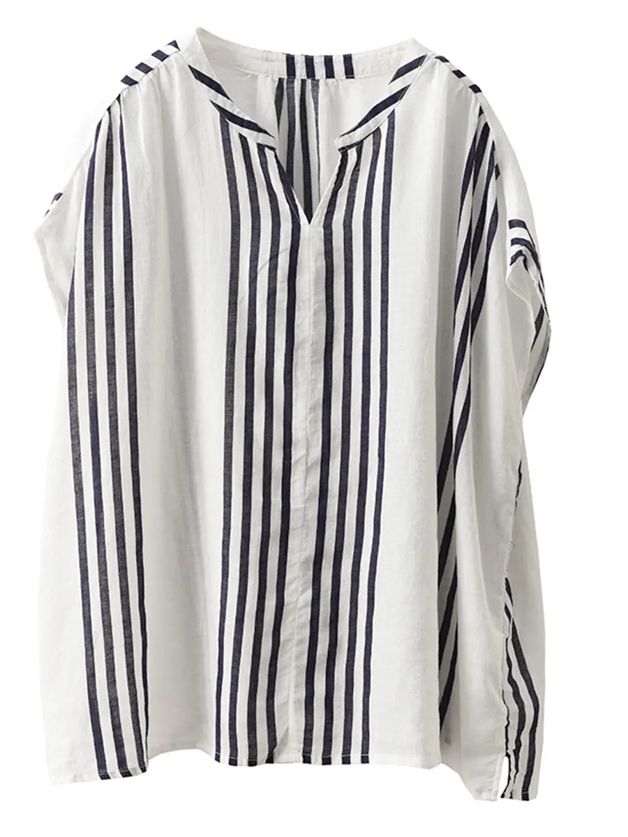 Summer Artsy Stripe V-neck Thin Linen Shirt