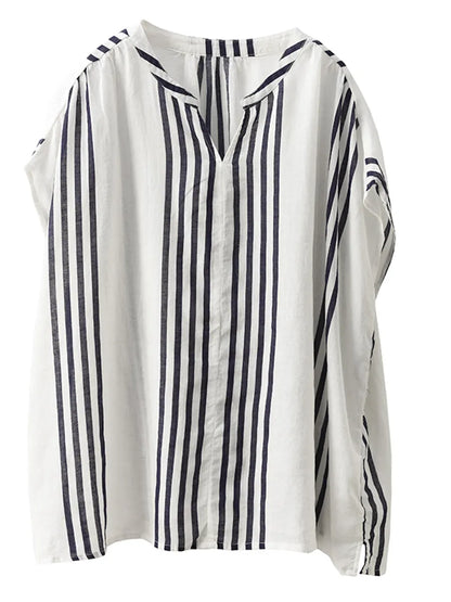 Summer Artsy Stripe V-neck Thin Linen Shirt