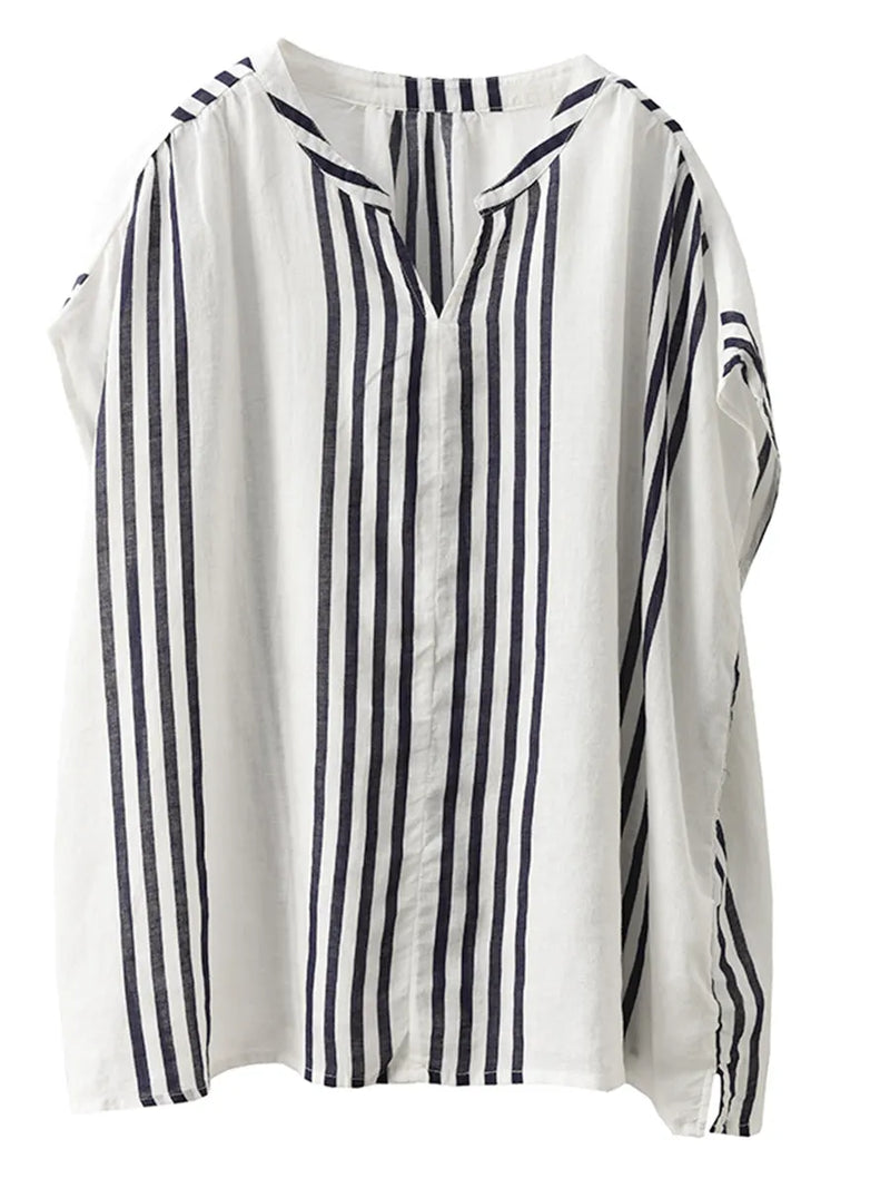 Summer Artsy Stripe V-neck Thin Linen Shirt