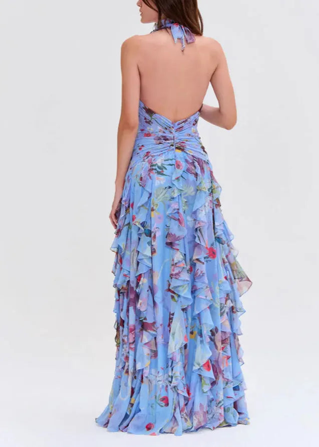 Handmade Blue Ruffled Asymmetrical Print Chiffon Long Dresses Sleeveless