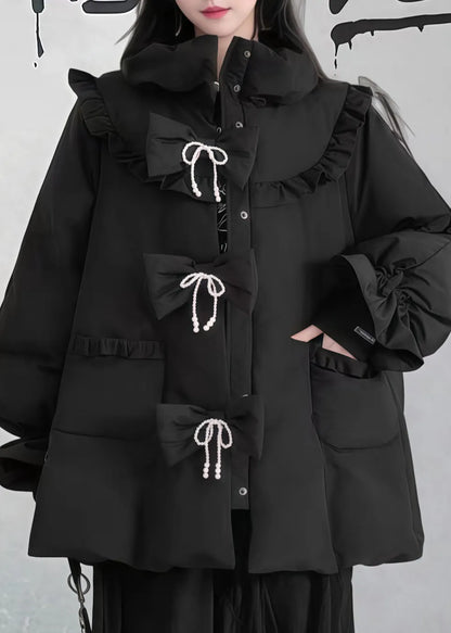 Black Ruffled Pockets Patchwork Fine Cotton Filled Puffers Jackets Winter