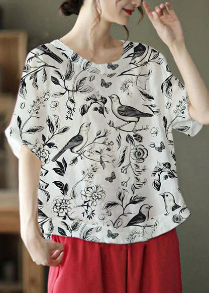 Unique White O-neck Embroidered Summer Ramie Shirt Half Sleeve