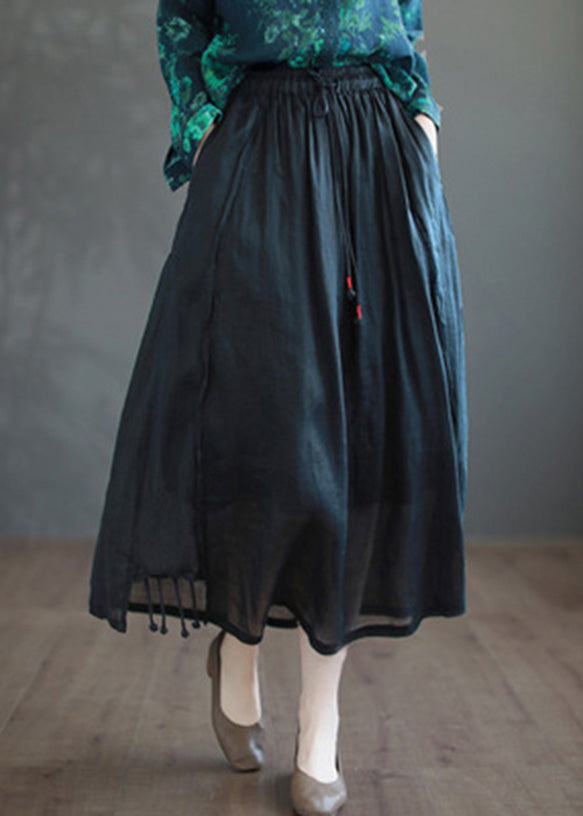 Khaki Patchwork Elastic Waist Ramie a Line Skirts Summer