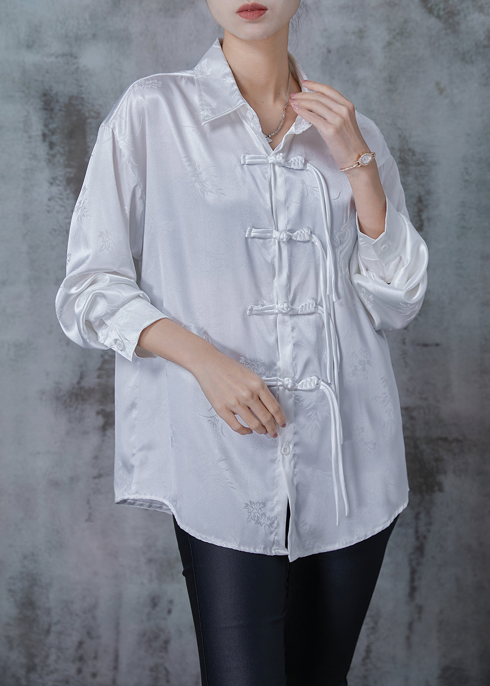 White Draping Silk Shirts Tasseled Chinese Button Spring