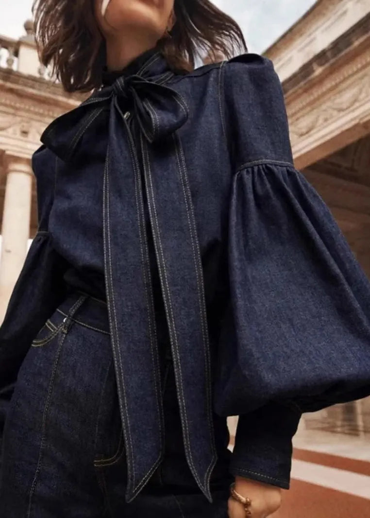 Natural Dark Blue Stand Collar Bow Patchwork Denim Shirt Spring