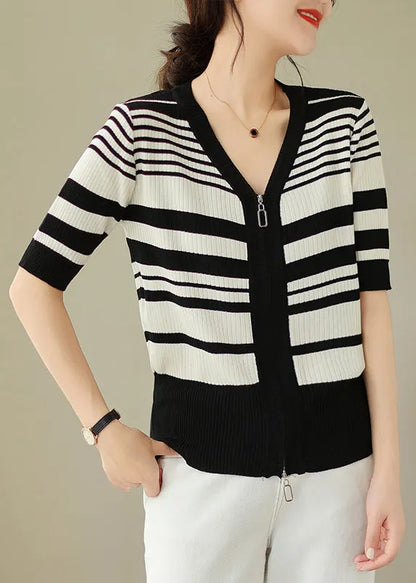 Black White Striped Zippered Knit Cardigan Spring