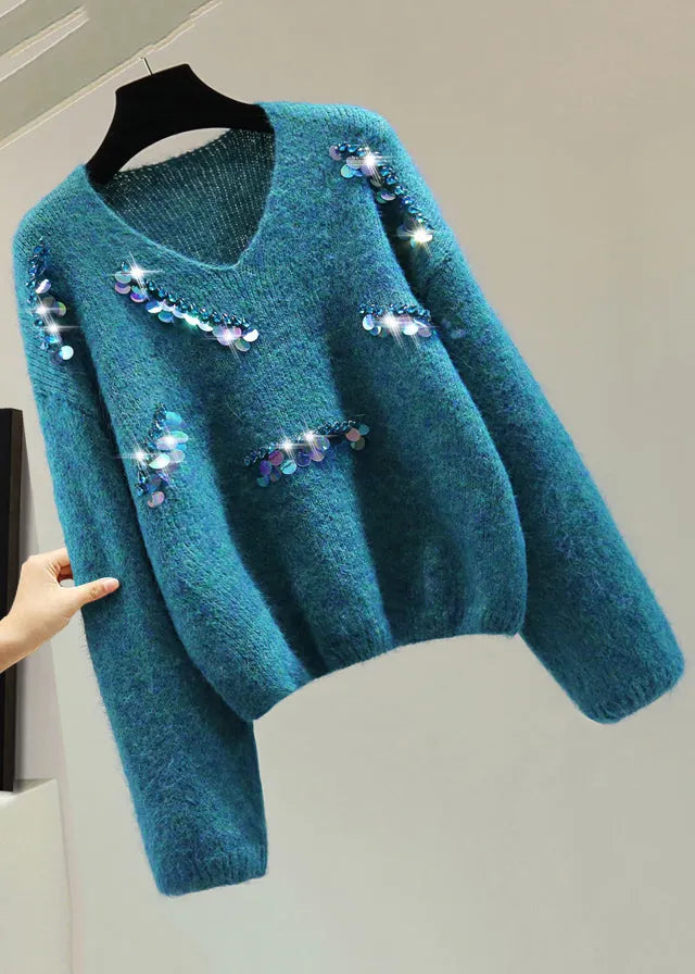 Blue V Neck Sequins Thick Cotton Knit Sweater Winter