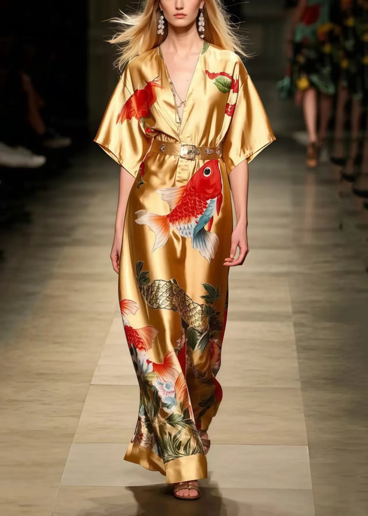 Golden Koi Fish Print Silk Tunic Dress Summer